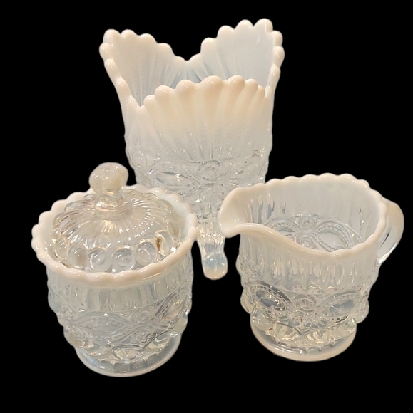 Mosser Other - Set of 3 Vintage Signed Mosser Eye Winker Clear Opal Glass Creamer Sugar Spooner